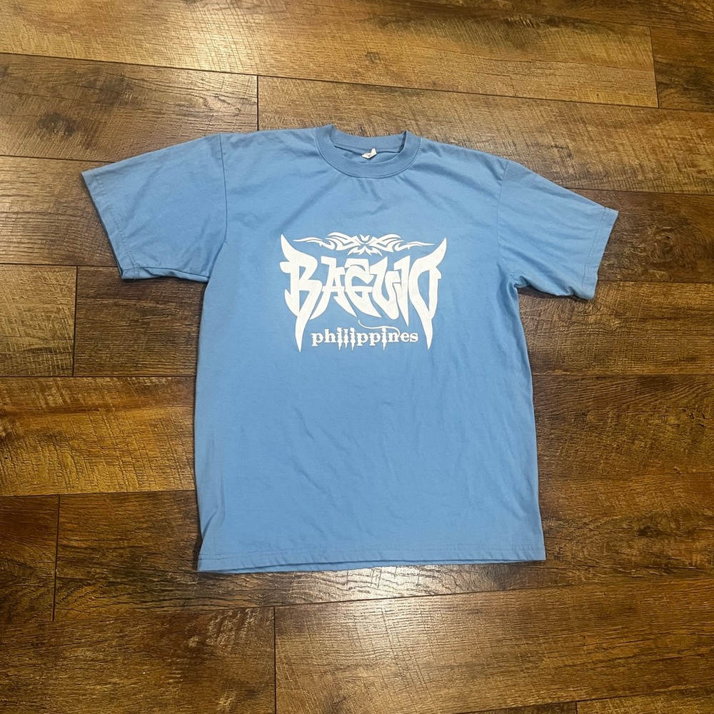 Vintage 90s Y2k‎ Baguio Philippines Tribal Graphic Tee Blue Large Raised Print